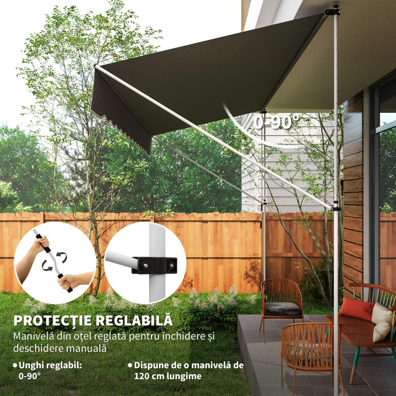 Outsunny Copertină Retractabilă cu Braț Pliabil, 400x120 cm, Gri Închis