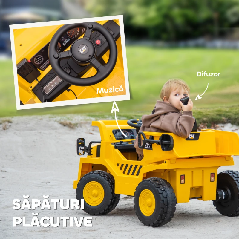 AIYAPLAY Excavator de Călărit cu Licență, cu Telecomandă, Tractor pentru Copii cu Cupă, Lopată, Muzică, Difuzor, Faruri, 110x70.5x61.5 cm, Galben(m-7)