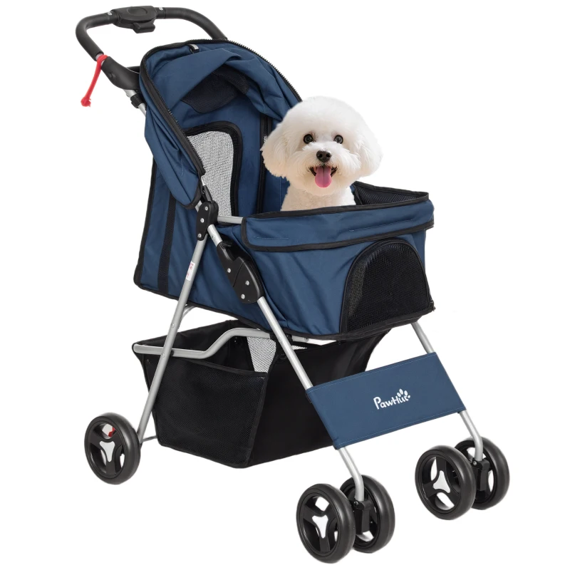 PawHut Carrito para Perros con Toldo Ajustable Cesta de Almacenaje y Ruedas con Freno Tela Oxford 75x46x94 cm Azul Oscuro