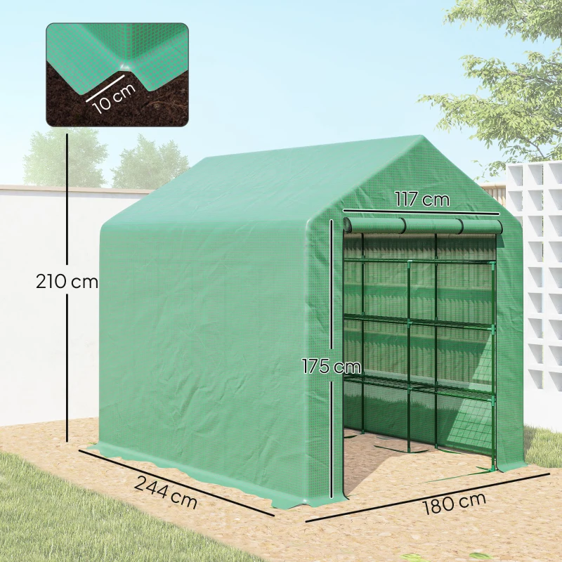 Outsunny Serre de jardin serre d'hivernage avec étagères 3 niveaux porte enroulable tube en acier 244 x 180 x 210 cm vert