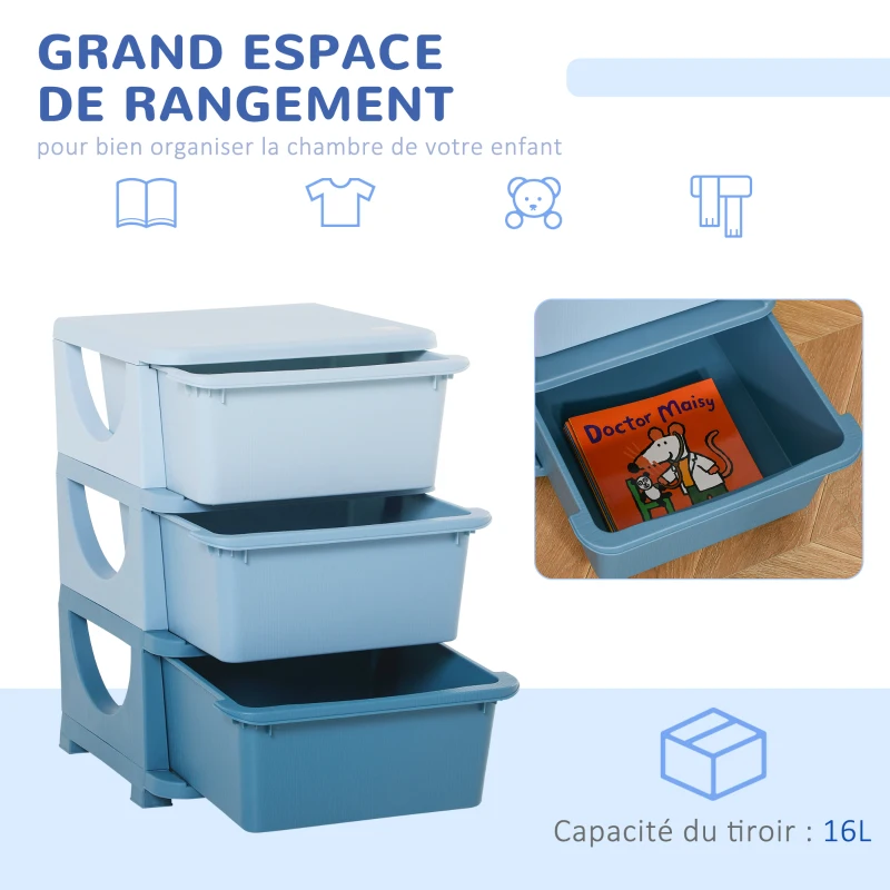 HOMCOM Organisateur de jouets pour enfants avec tiroirs à 3 niveaux, boîtes de rangement en plastique, 37 x 37 x 56,5 cm, bleu