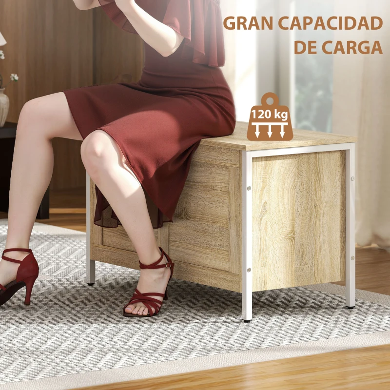 HOMCOM Baúl de Almacenaje para Dormitorio 95 L con Tapa Banco de Almacenaje con Bisagra de Seguridad 80x40x50 cm Roble