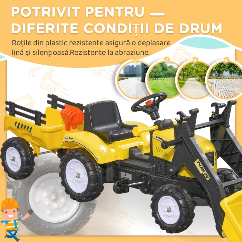 HOMCOM Excavator, Tractor cu Pedale pentru Copii de 3 Ani cu Cupă Frontală și Remorcă Detașabilă, 167x41x52 cm, Galben(m-6)