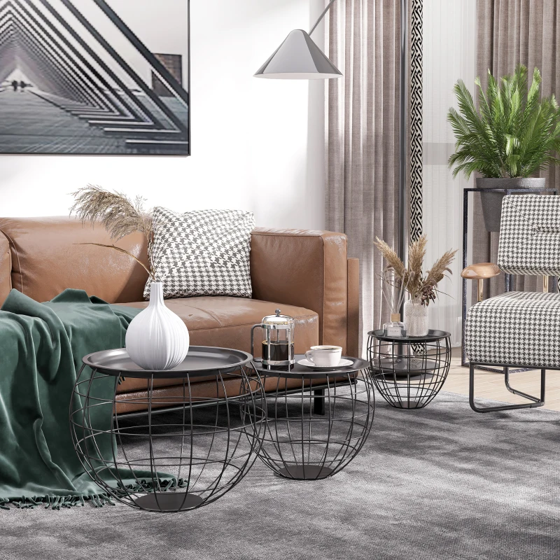 HOMCOM 3-Delige Salontafelset, Afneembaar Tafelblad, Stalen Frame, Glanzend Zwart, Verschillende Groottes