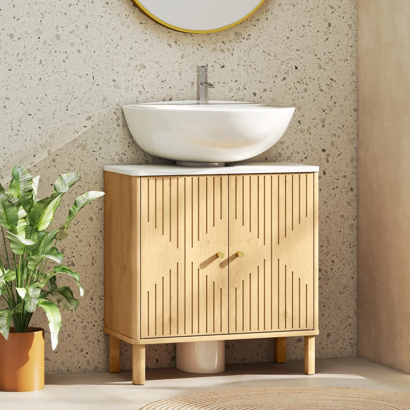 HOMCOM Mueble de lavabo, mueble de baño bajo lavabo estante ajustable encimera efecto mármol 60x30x63cm roble