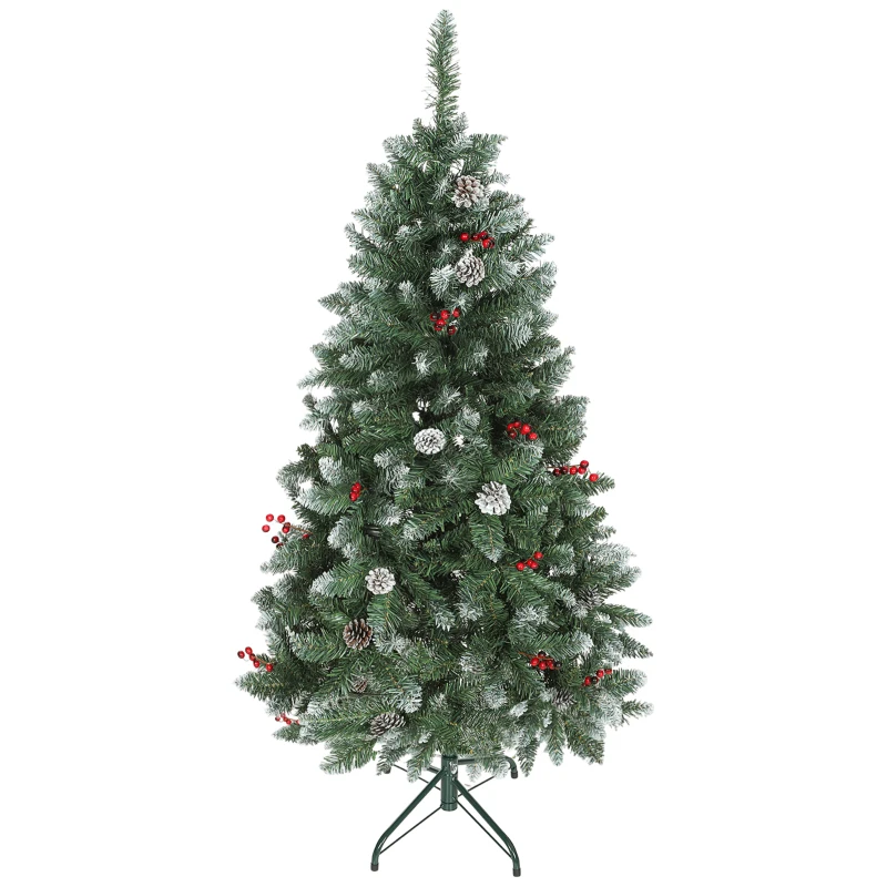 HOMCOM Arbre de Noël Haut 150 cm d'Intérieur avec 398 Branches, Pommes de Pin et Baies Rouges, Base en Métal, Vert