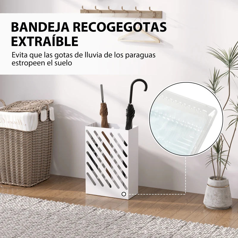 HOMCOM Paragüero de Acero Galvanizado Soporte de Paraguas Estrecho con Bandeja de Goteo Extraíble 4 Ganchos 28x14x41 cm Blanco