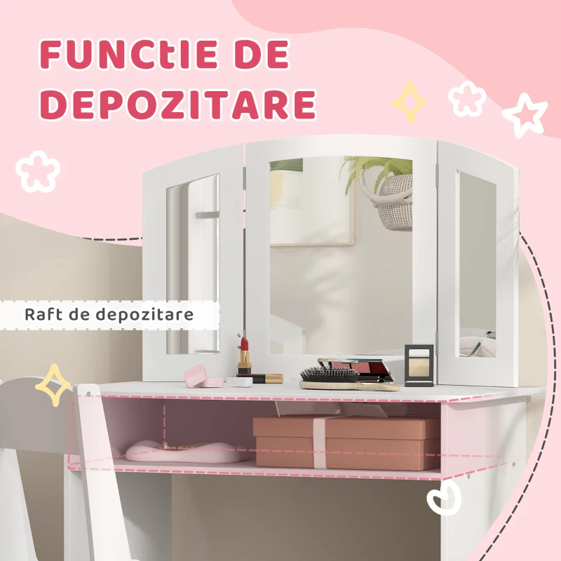 AIYAPLAY Set de Machiaj pentru Fetițe de 3-6 ani cu Oglindă Triplă Detașabilă și Scaun din Lemn, 80x49x108 cm, Alb