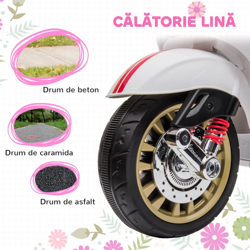 AIYAPLAY Motocicletă Electrică pentru Copii, Motocicletă cu Muzică, Două Motoare, Far, MP3, USB, Radio FM și 2 Roți de Antrenament, 107x47x73 cm, Alb