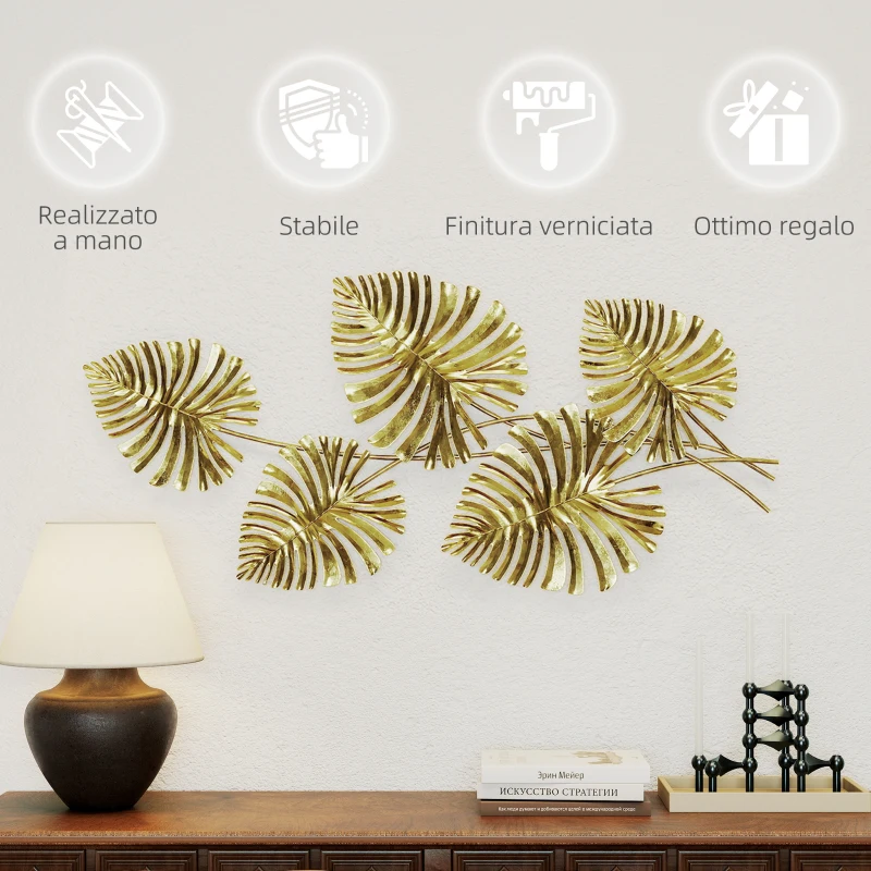 HOMCOM Wall Art a 5 Foglie di Monstera in Metallo Dorato con Accessori per Montaggio Inclusi, 83x2.5x39 cm
