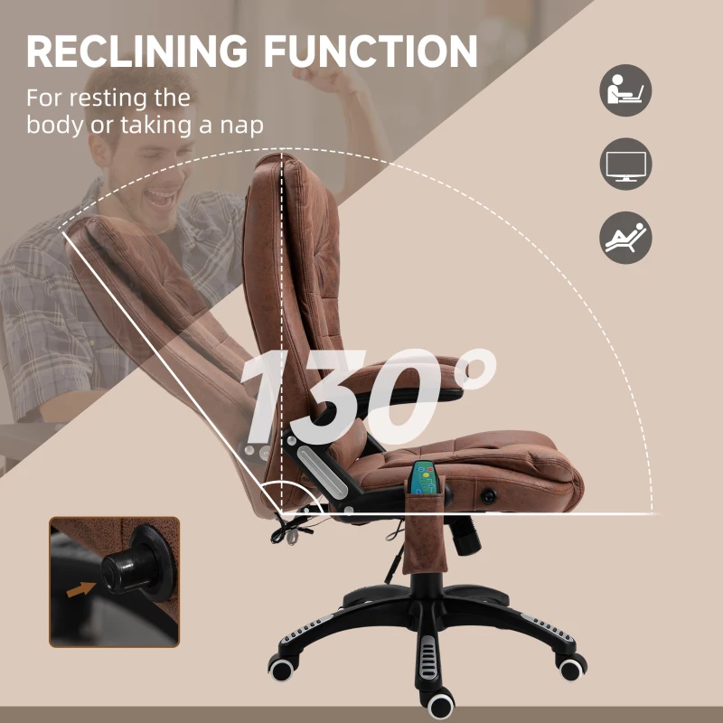 Vinsetto Massage Office Chair Recliner, Ergonomic Gaming Heated Home Office Padded & Swivel Base, Microfiber Cloth, Brown