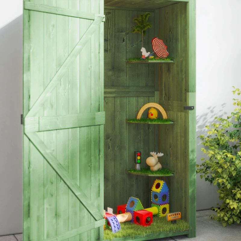 Outsunny Wooden Garden Shed, Utility Outdoor Small Shed with Lockable Double Doors, Shelves and Roof Hatch, Dark Green(m-9)