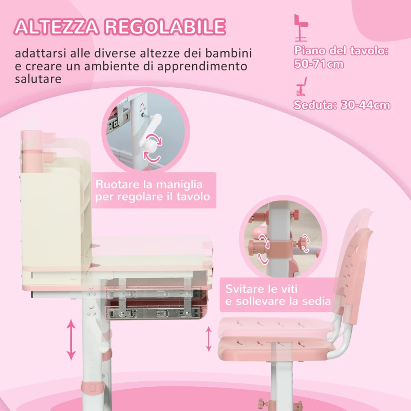 HOMCOM Set Scrivania e Sedia per Bambini da 3 Anni Regolabile, Tavolo Inclinabile a 60° con Cassetto e Ripiani, Rosa