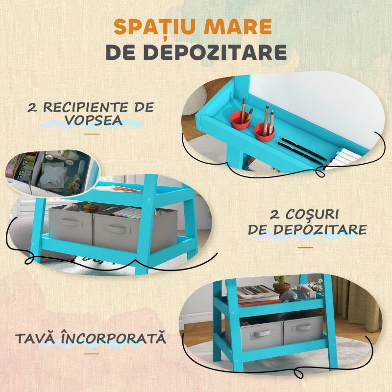 AIYAPLAY Tablă de Desen Dublă cu Magnet, Sul de Hârtie și Depozitare, Pentru Copii 3-6 Ani, 59x48x118 cm, Albastru