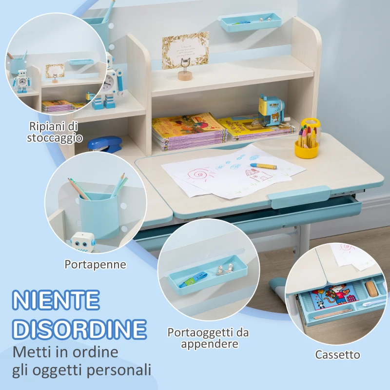 HOMCOM Set Scrivania e Sedia per Bambini da 3 Anni Regolabile, Tavolo Inclinabile a 60° con Cassetto e Ripiani, Blu