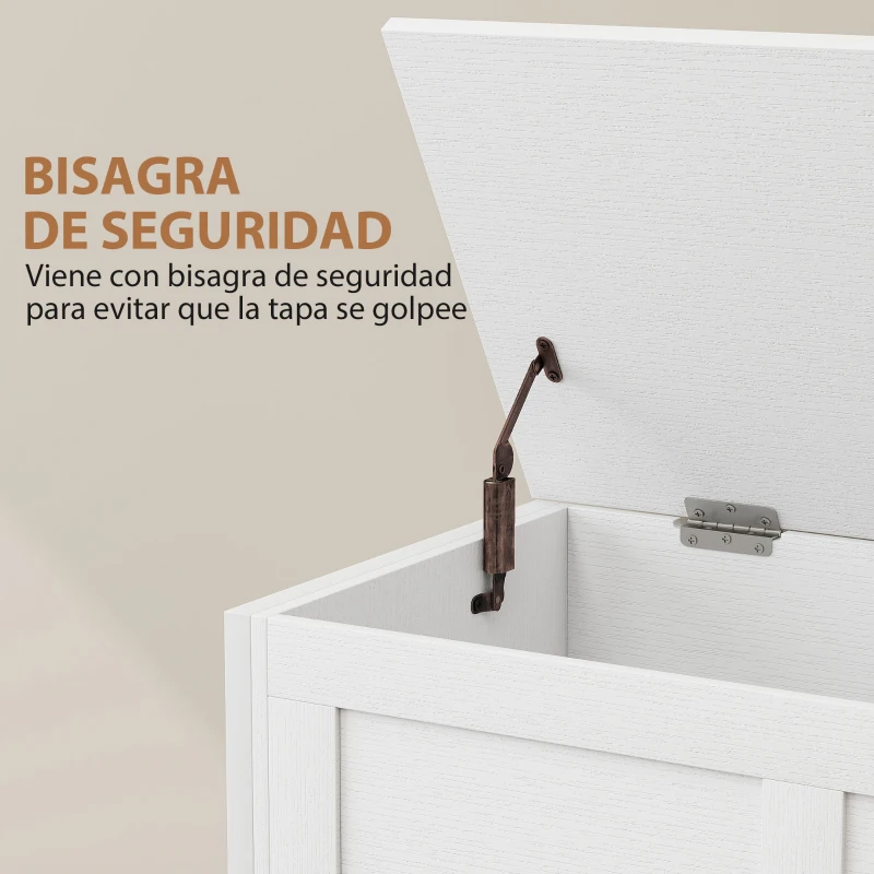 HOMCOM Baúl de Almacenaje para Dormitorio 95 L con Tapa Banco de Almacenaje con Bisagra de Seguridad 80x40x50 cm Blanco Veteado