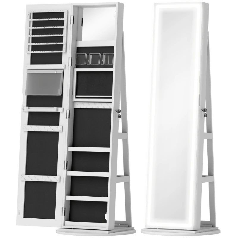 HOMCOM 360° Swivel Mirror Jewellery Cabinet with 3 Colour LED Lights, Lockable Jewellery Organiser, Free Standing Full Length Mirror with Storage for Earrings, Necklaces, Rings and Lipsticks, White