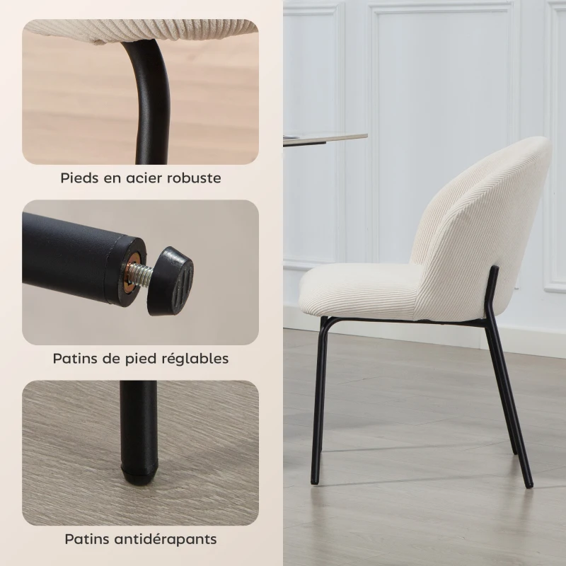 HOMCOM Lot de 2 chaises de salle à manger en velours côtelé, chaises de cuisine avec pieds en acier, 56x58x78cm, crème