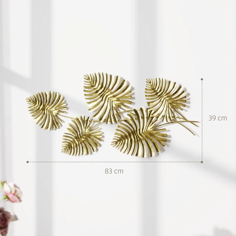 HOMCOM Wall Art a 5 Foglie di Monstera in Metallo Dorato con Accessori per Montaggio Inclusi, 83x2.5x39 cm