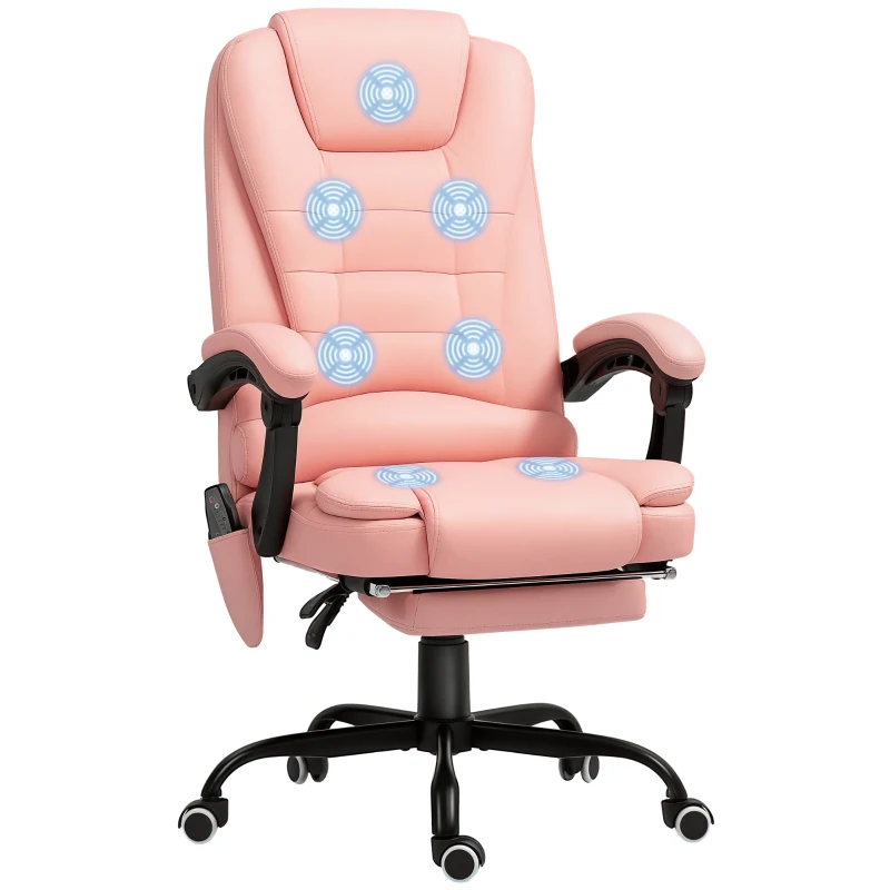 Vinsetto Scaun de birou cu masaj, 7 puncte de vibrație, suport pentru picioare și spătar ajustabil, până la 120 kg, piele ecologică, Roz