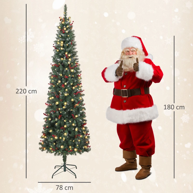 HOMCOM Künstlicher Schlanker Weihnachtsbaum 230 cm mit LED-Lichtern 8 Beleuchtungsmodi 761 Zweige Zapfen Beeren und Metallständer Grün