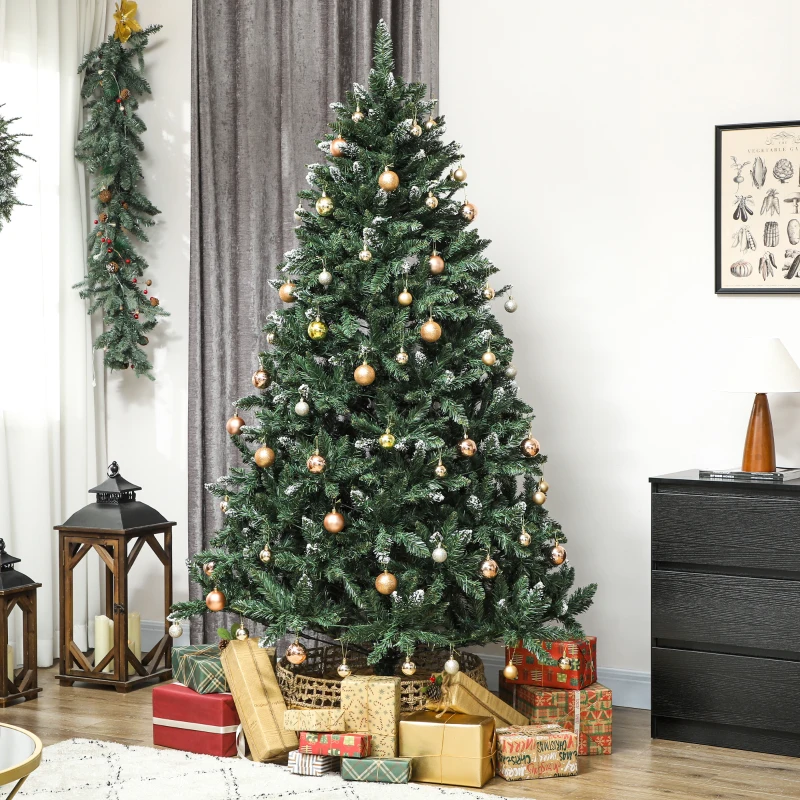 HOMCOM Sapin de Noël en Sapin 210 cm avec Lumières LED 9 Modes d'Éclairage 1160 Branches avec Neige Artificielle Vert