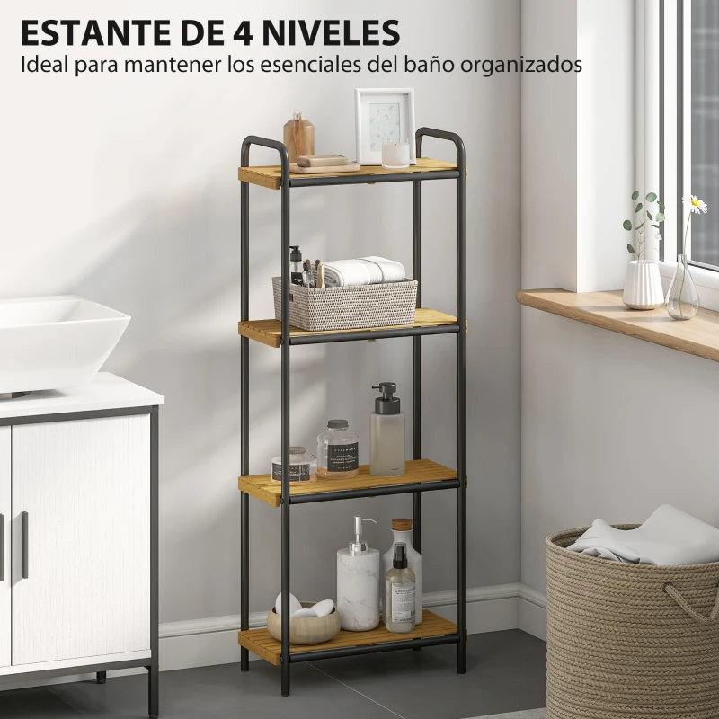 HOMCOM Estantería de Baño de Bambú con 4 Baldas Abiertas Diseño de Lamas y Estructura de Acero 41,5x21,5x106 cm Natural