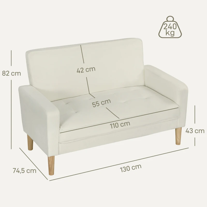 HOMCOM 2-Sitzer-Sofa, Doppelsitzsofa mit Kautschukholzbeinen, Polstersofa für Wohnzimmer, Schlafzimmer, Cremeweiß(m-3)