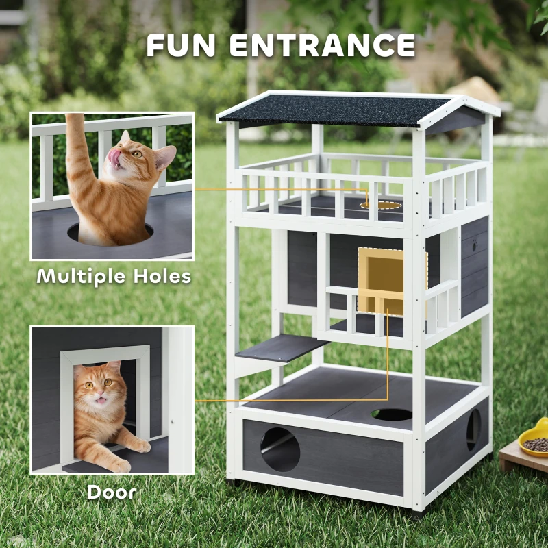 PawHut Wooden Cat House Den 3-Tier Outdoor Kitten Shelter Lodge w/ Tilted Roof Terrace Jump Step Bottom Tray Elevated Base Waterproof Paint 140 x 78 x 76cm Grey