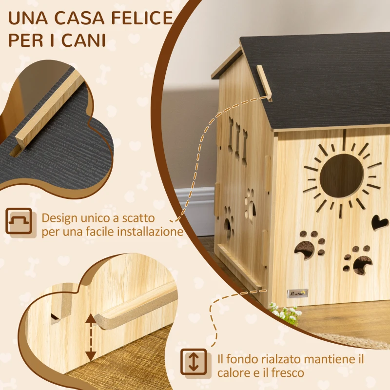 PawHut Cuccia per Cani da Interno con Struttura in Legno e Aperture a Forma di Zampa, Cuore e Ossa, Rovere