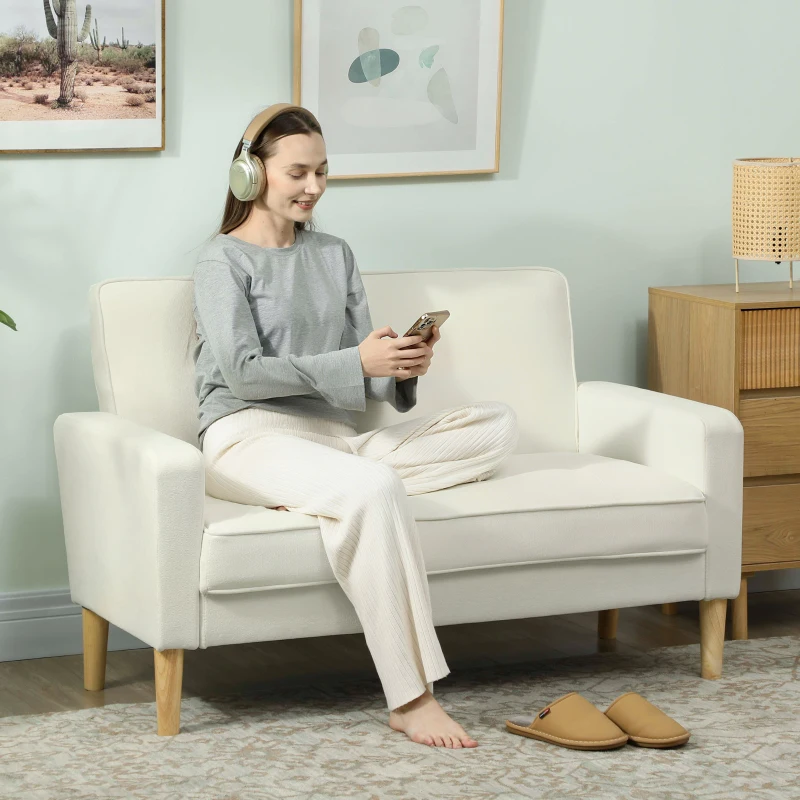 HOMCOM Sofá de 2 Lugares Estofado em Veludo com Assento Capitonê e Pés em Madeira para Espaços Pequenos 130x74,5x82 cm Creme