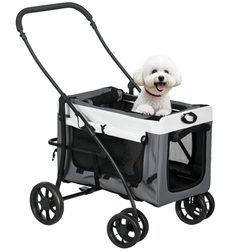 PawHut Cochecito para Perros Pequeños Plegable Cochecito para Mascotas con Vagón Desmontable 4 Puertas con Cremallera Gris