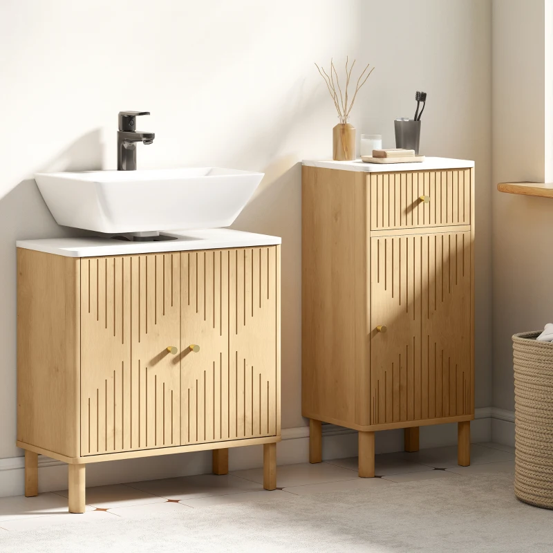 HOMCOM Unter-Spülenschrank mit 2 Türen, Marmor-Effekt-Regal und verstellbarem Regal, Eiche