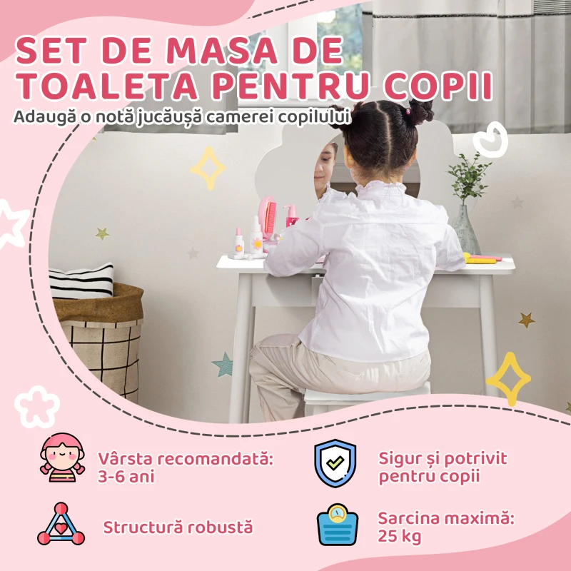 AIYAPLAY Set de Machiaj pentru Fetițe 3-6 Ani cu Scaun de Machiaj și Sertar pentru Depozitare, 70x34x95 cm, Alb