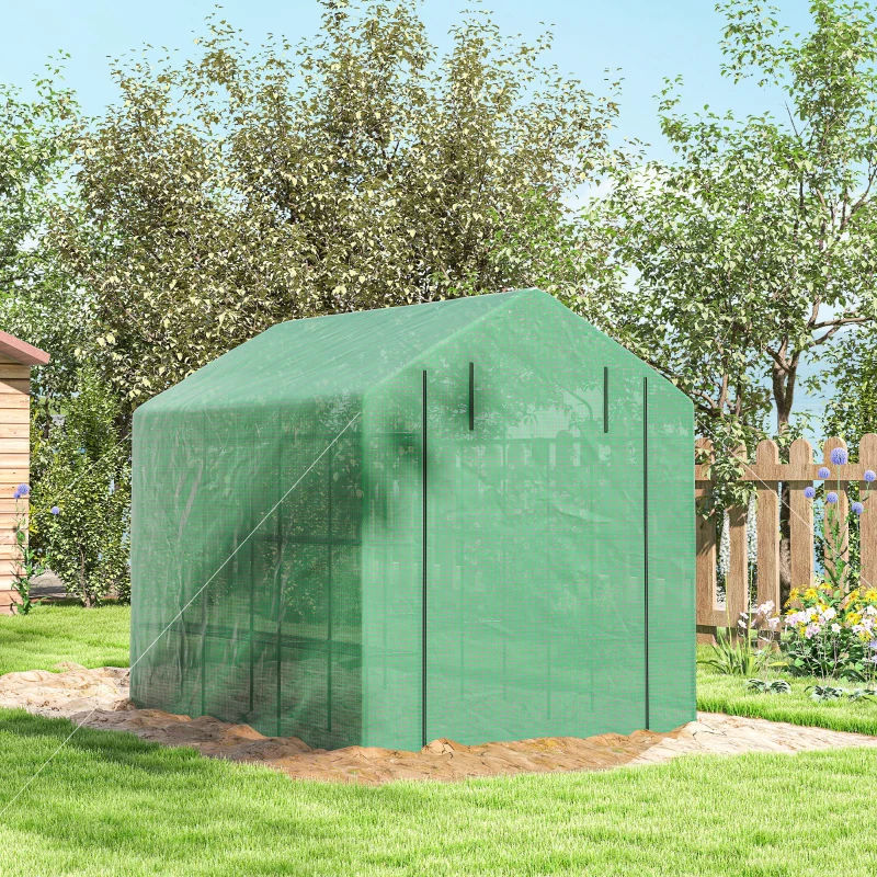 Outsunny Walk-in Greenhouse, 4 Tier 24 Shelves Portable Grow House with Roll-up Door, Dimensions 244 x 180 x 210cm, Green