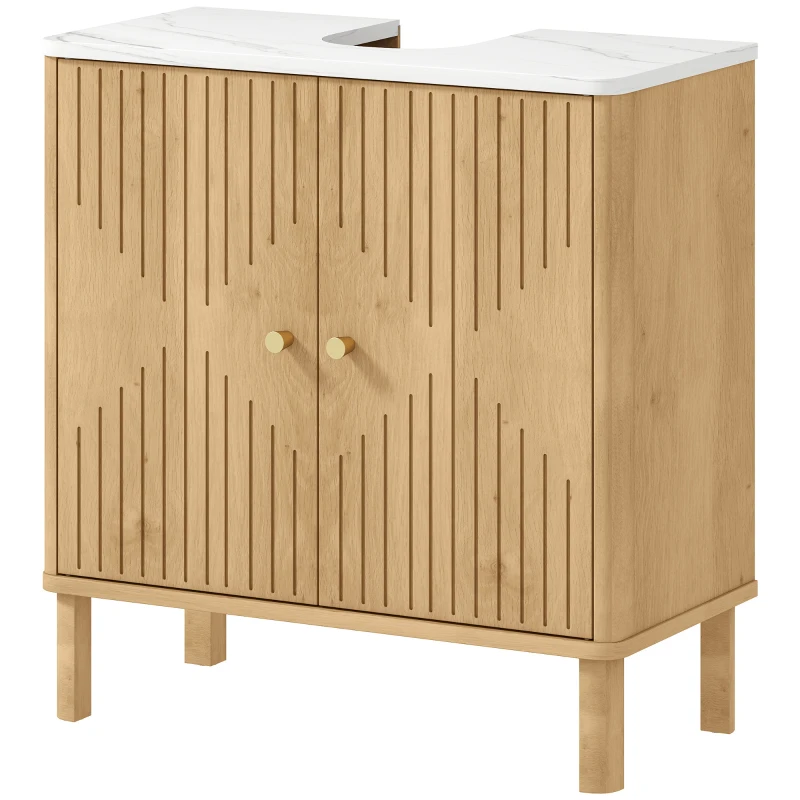 HOMCOM Mueble de lavabo, mueble de baño bajo lavabo estante ajustable encimera efecto mármol 60x30x63cm roble