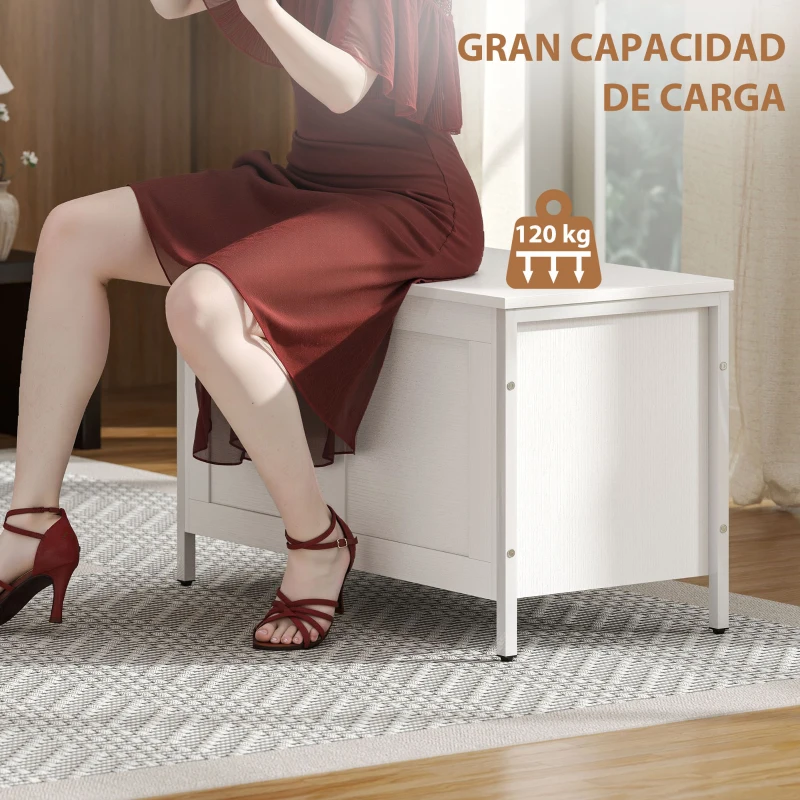 HOMCOM Baúl de Almacenaje para Dormitorio 95 L con Tapa Banco de Almacenaje con Bisagra de Seguridad 80x40x50 cm Blanco Veteado