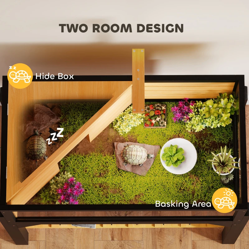 PawHut Wooden Tortoise House with Storage Shelf, Clear Observation Windows, Lamp Holder, Openable Top, Built-in Tray, Yellow