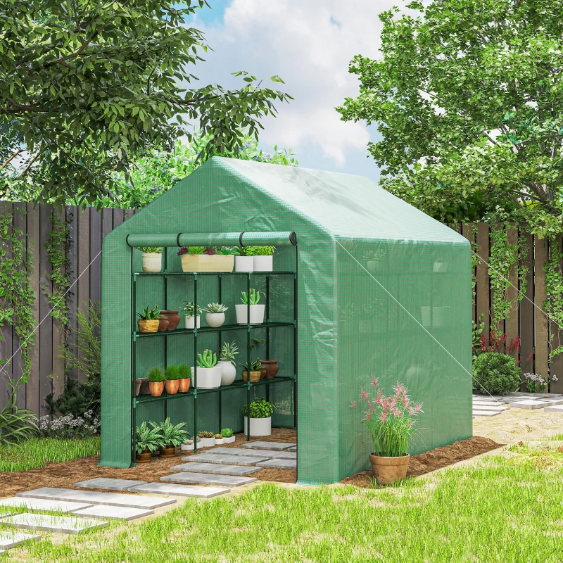 Outsunny Serre de jardin serre d'hivernage avec étagères 3 niveaux porte enroulable tube en acier 244 x 180 x 210 cm vert