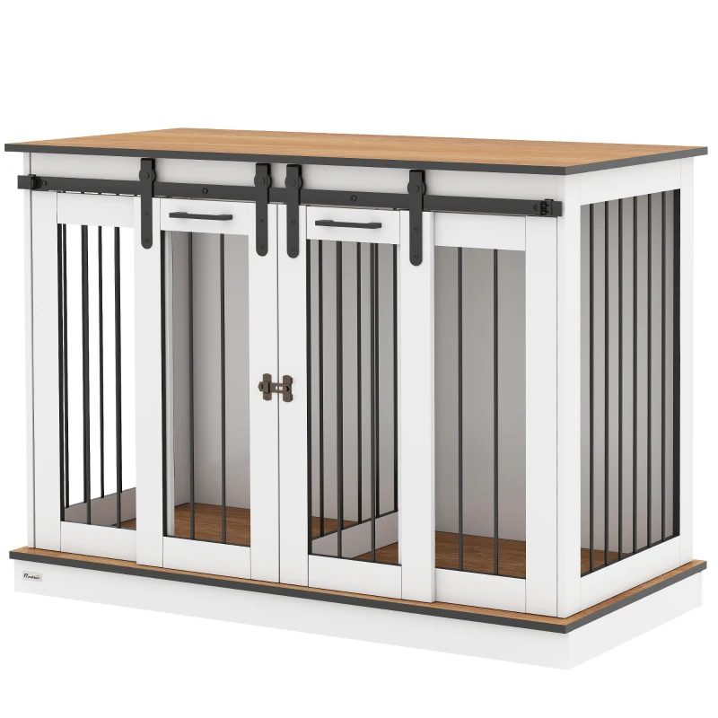 PawHut Hondenkooi met 2 Deuren, Hondenbox, Transportbox voor Honden, Rustiek Ontwerp, Vergrendelbaar, Wit(m-11)