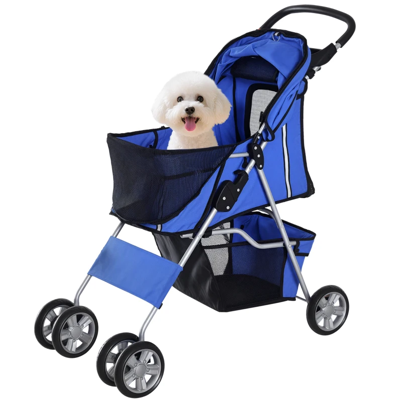 PawHut Carrito para Perros Pequeños con Toldo Ajustable Cesta de Almacenaje Portavasos y 2 Ruedas Universales 75x45x97 cm Azul