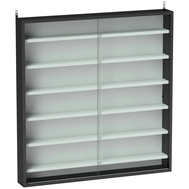 HOMCOM Estante de Exhibición de 6 Estantes Ajustables en Madera con Puertas de Cristal, 80x9.5x83 cm, Blanco y Negro