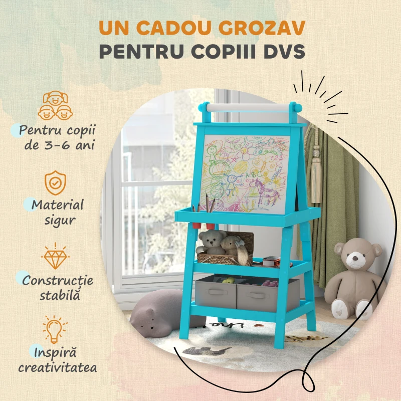 AIYAPLAY Tablă de Desen Dublă cu Magnet, Sul de Hârtie și Depozitare, Pentru Copii 3-6 Ani, 59x48x118 cm, Albastru