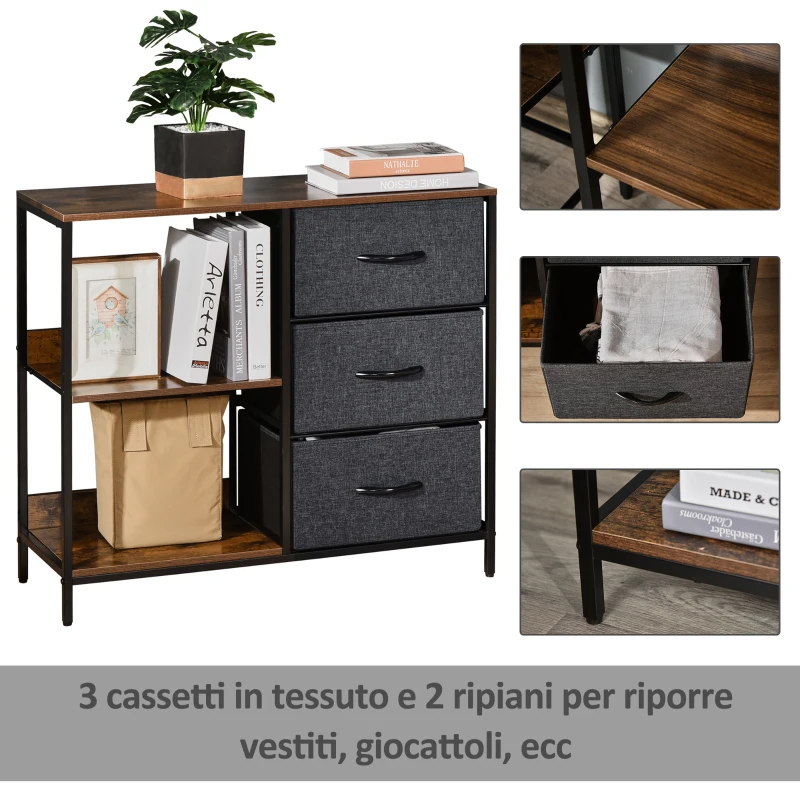 HOMCOM Mobile Cassettiera Multiuso con 3 Cassetti Pieghevoli in Tessuto, Arredamento Soggiorno e Camera, 80x29x71cm, Grigio Scuro
