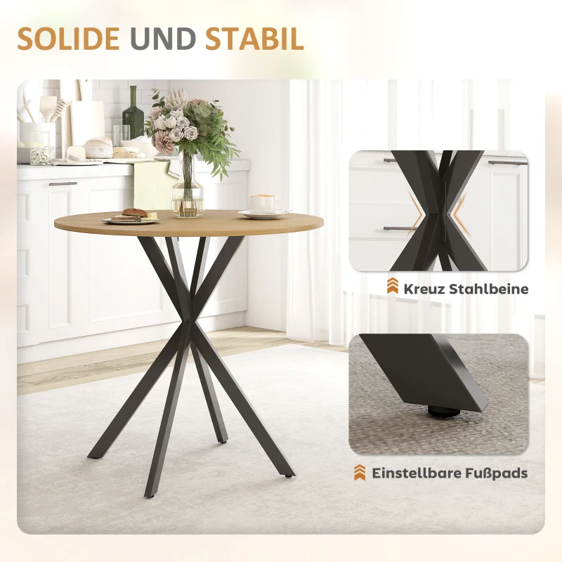 HOMCOM Runder Küchentisch, 80 cm, kompakte Tischplatte, Spanplatte, Metall, Weiße Eiche+Schwarz(m-6)