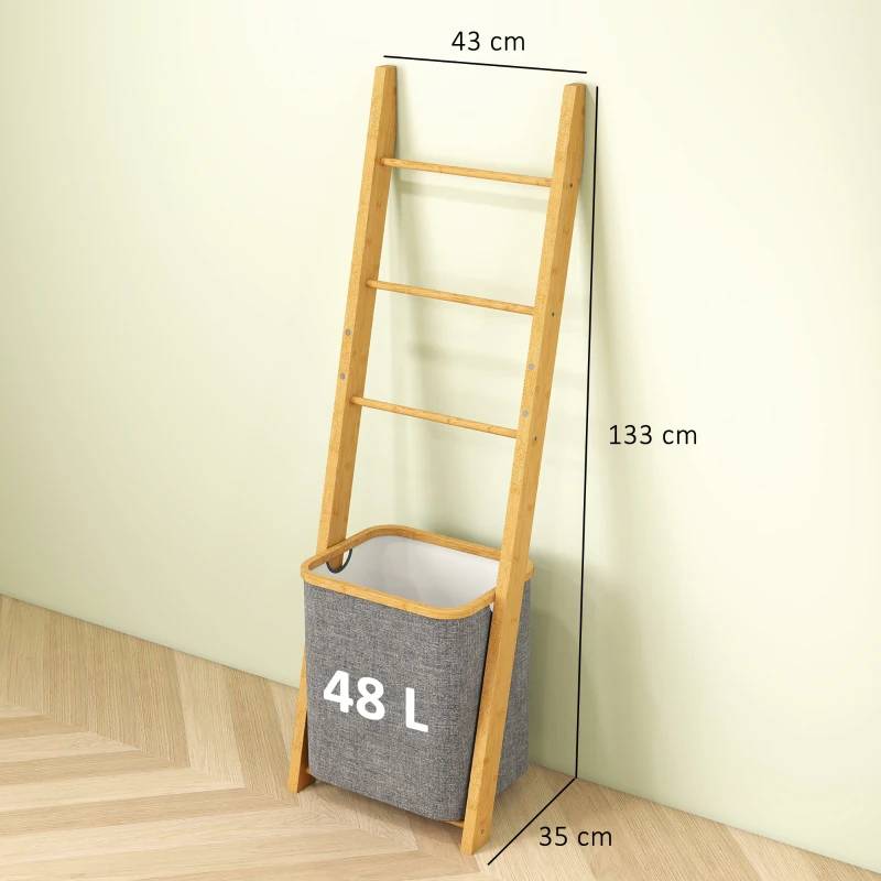 HOMCOM Porte-serviettes bambou avec panier à linge, échelle porte-serviettes avec 1 panier à linge, 43 x 35 x 133 cm, gris