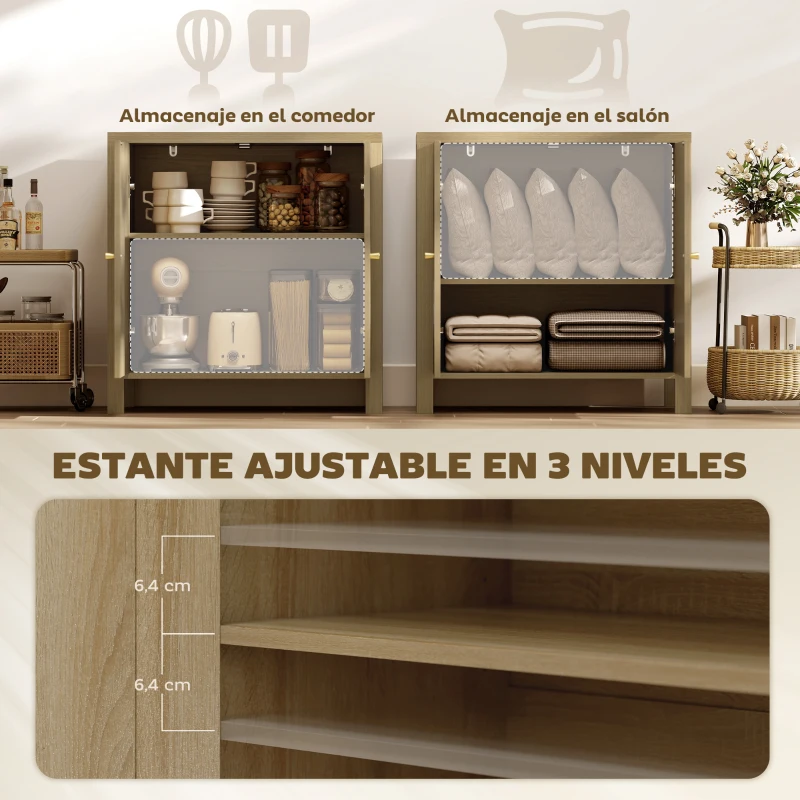 HOMCOM Aparador de Cocina con 2 Puertas de Ratán Estante Ajustable y 2 Tiradores 75x38x77 cm Madera Natural