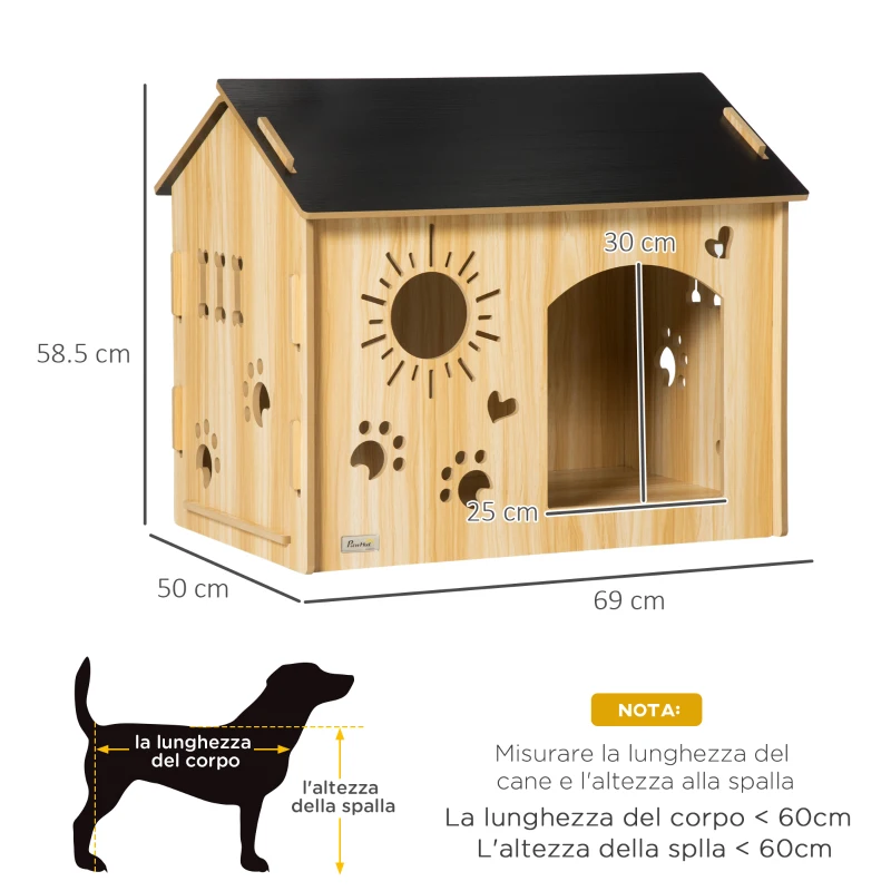 PawHut Cuccia per Cani da Interno con Struttura in Legno e Aperture a Forma di Zampa, Cuore e Ossa, Rovere