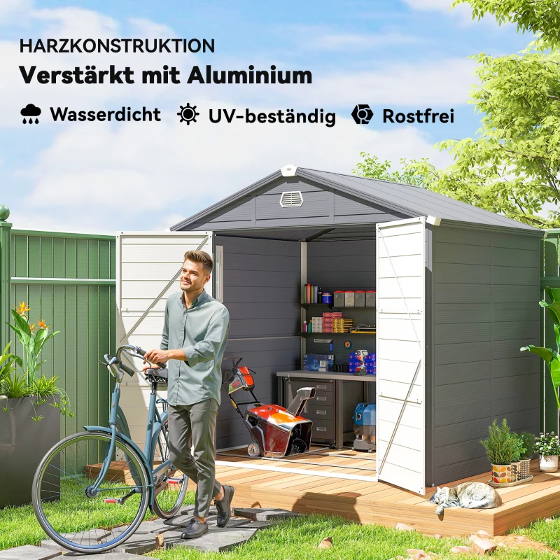 Outsunny Gerätehaus, Gartenhaus, Geräteschuppen mit Lüftungsfenster, Kunststoff, Metall, 240 x 190 x 180/228, Grau(m-5)