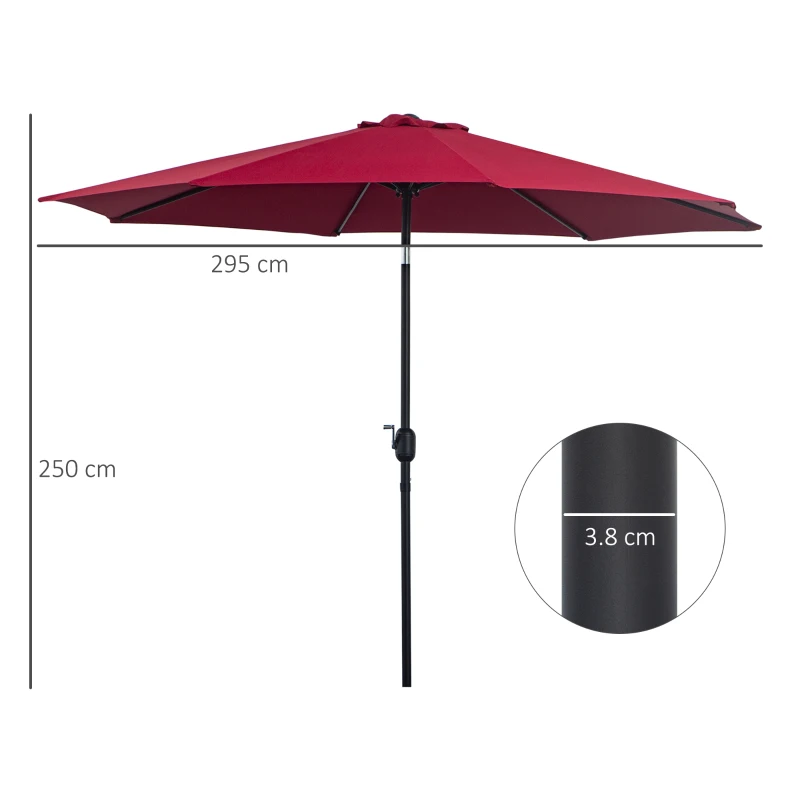 Outsunny 3m Parasol Patio Umbrella, Outdoor Sun Shade with Tilt and Crank Handle for Balcony, Bench, Garden, Wine Red